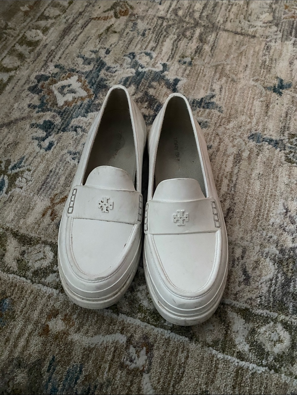 Tory Burch White Leather/Rubber Loafers with Logo